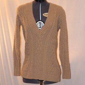 Deep V Tan Cableknit Jeanne Pierre Cotton Sweater